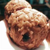 Peanut Butter Amazeball · Oats, craisins, Peanut butter, coconut, sunflower seeds, cinnamon, vanilla, salt and love.