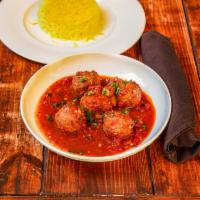 Mediterranean Meatball Platter · Beef meatballs stewed in special tomato, garlic, green olive sauce. Served with basmati saff...