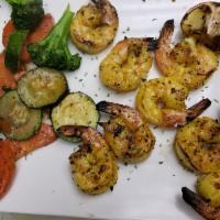 Shrimp Platter · Charbroiled shrimp with choice of basmati saffron rice or sautéed vegetables.