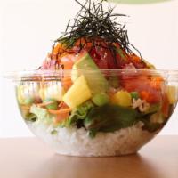 Charlie's Bowl · Sushi rice and mixed salad, tuna and salmon, crab mix, seaweed salad, masago, cucumber, avoc...
