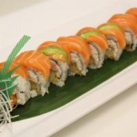 Kodiak Roll · In: shrimp tempura, crab mix and cucumber. Out: salmon, avocado and ponzu sauce.