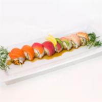 Rainbow Star Roll · In: shrimp tempura, cucumber and avocado. Out: crab stick, eel sauce, spicy mayo and Sriracha.