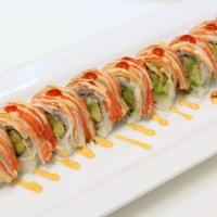 Sunrise Roll · In: shrimp tempura, cucumber and avocado. Out: Crab stick, eel sauce, spicy mayo and Sriracha.