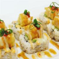 Poke Sushi Roll · In: Shrimp tempura, cucumber and avocado. Out: Shrimp tempura, eel sauce, spicy mayo, wasabi...