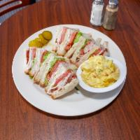 Turkey Club Lunch · Thin sliced. Served with choice of coleslaw, potato salad, chips, or french fries.
