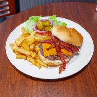 Bacon Cheeseburger Lunch · Served with bacon and melted cheese. Served with choice of coleslaw, potato salad, chips, or...