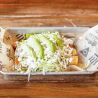 Flautas · 3 rolled and deep-fried tortillas filled with meat and topped with lettuce, avocado, queso f...