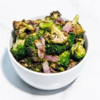 Roasted Broccoli with Ginger Garlic Sauce · Roasted broccoli, red onions, and our house-made ginger garlic sauce.  Gluten-free and vegan.
