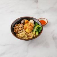 N1. Mie Komplit Combination Egg Noodles · Homemade egg noodles with chicken and mushrooms, veggies, eggs,
fried wontons, meatballs, se...
