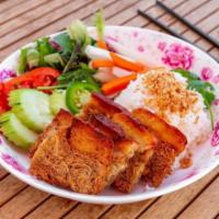Vegan Roasted Pork Belly Rice Bowl · Vegan roasted pork belly (bean curd, coconut milk, tapioca starch, baguette), jasmine rice, ...