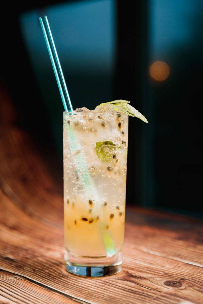 Passion Fruit Mojito · 16 oz. Non-Alcoholic Beverage 
Seltzer water, passionfruit, simple syrup, lime juice, mint.