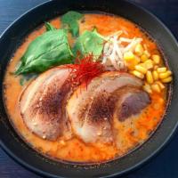 Spicy Miso Ramen · OG pork broth with spicy red miso, spinach, bean sprouts, sweet corn with pork cha-shu or gr...