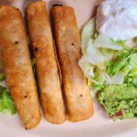 3 Taquitos · Served with sour cream and guacamole.