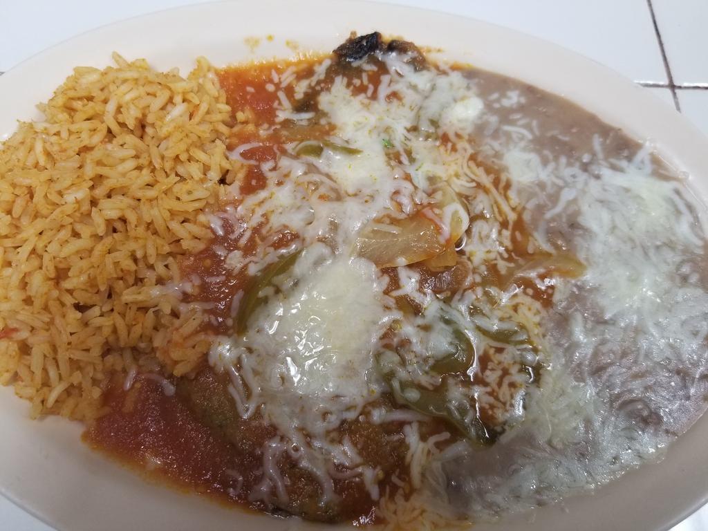 3. One Chile Relleno Combination Plate · Served with rice and beans.