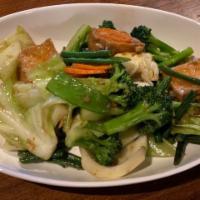 Veggie Delight · Homemade brown sauce stir-fried into 6 vegetables: long bean, sugar pea, carrot, cabbage, br...