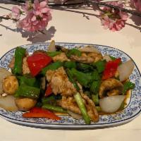 Shishito Pepper Delight · Japanese shishito pepper stir fried with Thai chili jam, white onion, mushroom, green onion,...