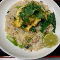 Salted Fish and Chicken Fried Rice · Aromatic Thai salted fish flake stir fried with chicken, Chinese broccoli, egg.  Served with...