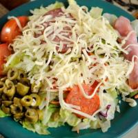Godfather Salad · Enough for two. Crisp green lettuce topped with pepperoni, ham, salami, tomatoes, green pepp...