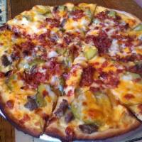 Bacon Cheeseburger  · Thin crust only. A mild cheddar cheese sauce, topped with seasoned ground beef, onions, dill...