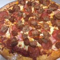 #12 Meat Lover Pizza · Pepperoni, ham, Italian sausage, linguica, mozzarella and tomato sauce.