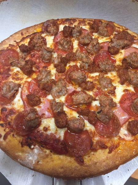 #12 Meat Lover Pizza · Pepperoni, ham, Italian sausage, linguica, mozzarella and tomato sauce.