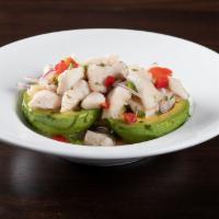 Aguacate Relleno · Stuffed avocado with your choice of our ceviche selection.