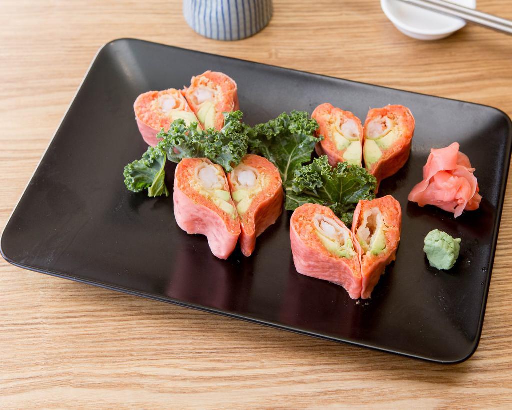8 Pieces Arashi Roll · Shrimp tempura, avocado, spicy tuna wrapped with soy paper. No rice.