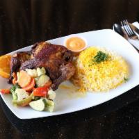 Whole Roasted Hen · Roasted hen and sauteed vegetables. Served with basmati rice. Gluten free.