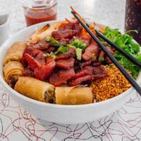 54. Charbroiled Pork, Shrimp and Egg Rolls · Bun tom thit nuong xa, cha gio.