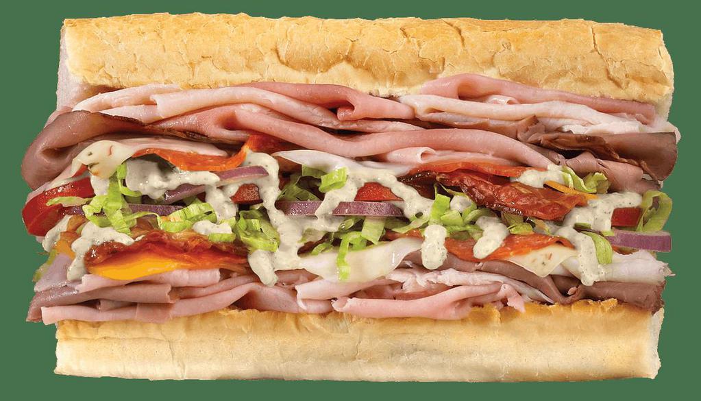 WICKED® · Turkey, Ham, Roast Beef, Pepperoni, Bacon,
Cheddar, Provolone, Pepper Jack, Lettuce, Tomatoes, Red Onions & Mayo