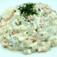 Olivier Russian Salad · Beef, boiled potatoes, carrots, eggs, green peas, pickles, dressed with homemade mayo dressi...