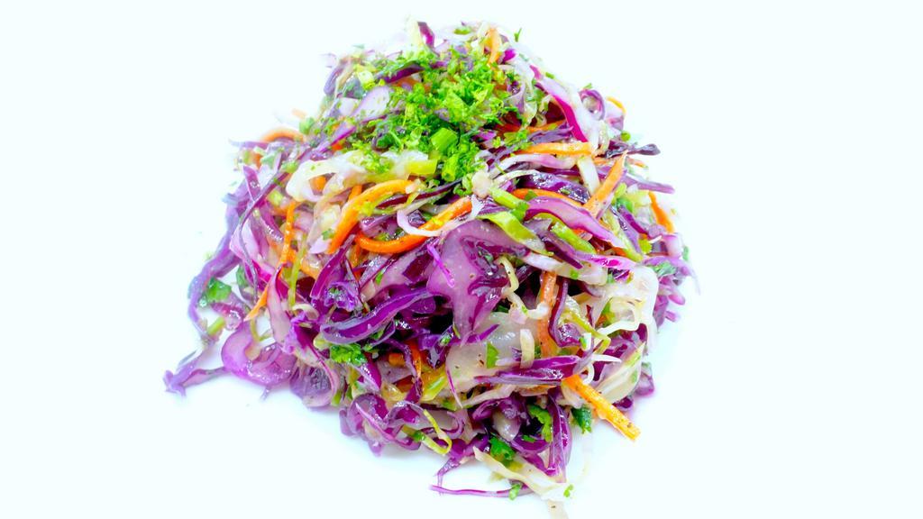 Vitamin Salad · Sliced red and green cabbage, carrot, red and green pepper, dill, garlic tossed with vinegar and olive oil.