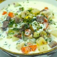 Okroshka Soup · Cold sour yogurt soup with beef and boiled vegetables.