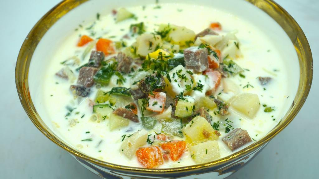 Okroshka Soup · Cold sour yogurt soup with beef and boiled vegetables.