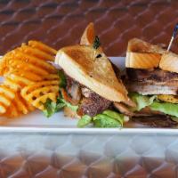Salmon BLT Sandwich · Smoked and pan seared salmon filet, candied bacon, heirloom tomato and Bibb lettuce served o...