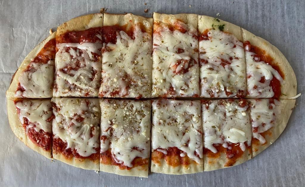 Cheese Flat Bread Pizza · House Pizza Sauce, cheese blend and spices on a 14x7 flat bread that makes 10-12 tavern style slices.