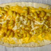 Mac & Cheese Flat Bread Pizza · House Cheese Sauce, Spiral Noodles, cheese blend and spices on a 14x7 flat bread that makes ...