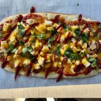 BBQ Chicken Flat Bread Pizza · House BBQ Sauce, Diced Chicken Breast, Red Onion, Cheddar cheese blend, Cilantro and spices ...