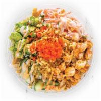 3. Hula Poke Bowl · Shrimp, green onion, cucumber, crab stick (contains gluten), avocado, masago (contains glute...