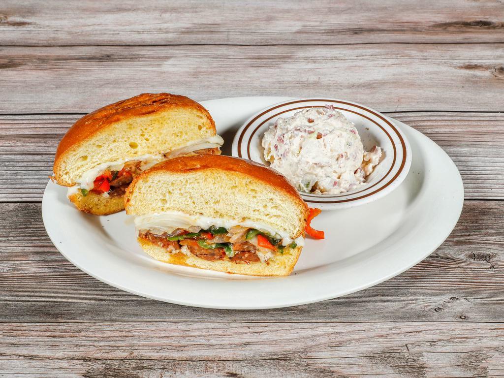 The Sausage Sandwich · Served with choice of grilled chicken or spicy smoked hotlink. Topped with sautéed onions, sweet and hot peppers, provolone, and roadside whole-grain mustard-mayo sauce.