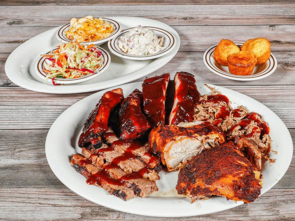 Q for 2 Wood-Smoked BBQ · 4 meats, 3 roadsides, and 3 corn muffins.