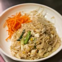N8. Jan Pad Poo · Thin rice noodles sauteed with crab meat, chili, egg, scallions and garlic. Made mildly spicy.