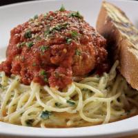 Ginormous Meatball and Spaghetti · Grandma’s meatball, herbed spaghetti, red sauce, garlic baguette.