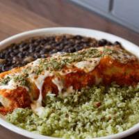 Hangover Burrito · grilled chicken, cilantro rice, black beans, ranchero sauce, flour tortilla