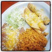 3 Rolled Tacos Plate · Served with Spanish rice and beans.