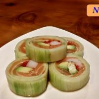 Naruto  · 5 pieces. Salmon, crab meat, avocado & flying fish roe rolled in thinly sliced fresh cucumbe...