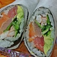 Rainbow Sushirrito · Crabmeat, avocado, cucumber, salmon, tuna, white fish and shrimp wrapped by seaweed, sushi r...
