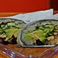 Caterpillar Sushirrito · Grilled eel, avocado, cucumber with sweet soy sauce wrapped by seaweed, sushi rice and sesam...