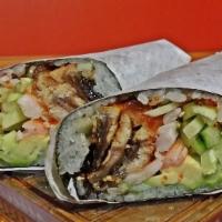 Scorpion Sushirrito · Grilled eel, cucumber, avocado, shrimp with sweet chili sauce wrapped by seaweed, sushi rice...
