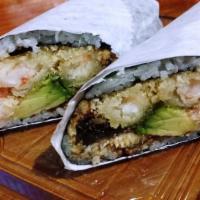 Super Dragon Sushirrito · Tempura shrimp, avocado, crab meat, eel with sweet soy sauce wrapped by seaweed, sushi rice ...
